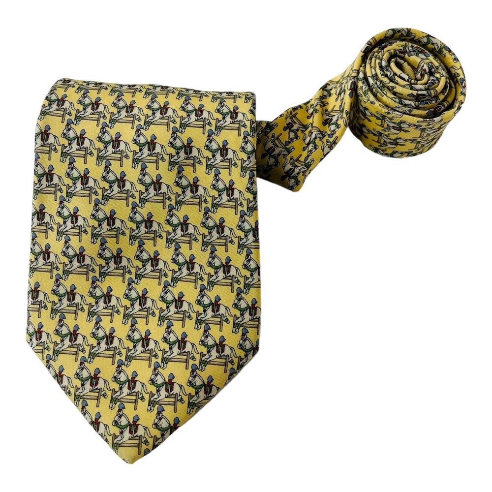 Brooks Brothers Yellow‎ w/ Horse Print All Over Silk Neck Tie USA 3.75" W 58" L